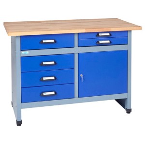 Küpper Werkbank Modell 12247 mit 6 Schubladen, 1 Tür und Holzplatte, 1200 mm breit.