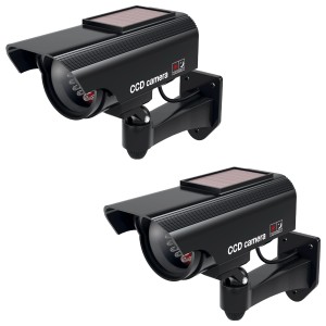 2er-Set schwarze Solar Kamera Attrappen zur Überwachung, mit blinkender LED und Wandhalterung.