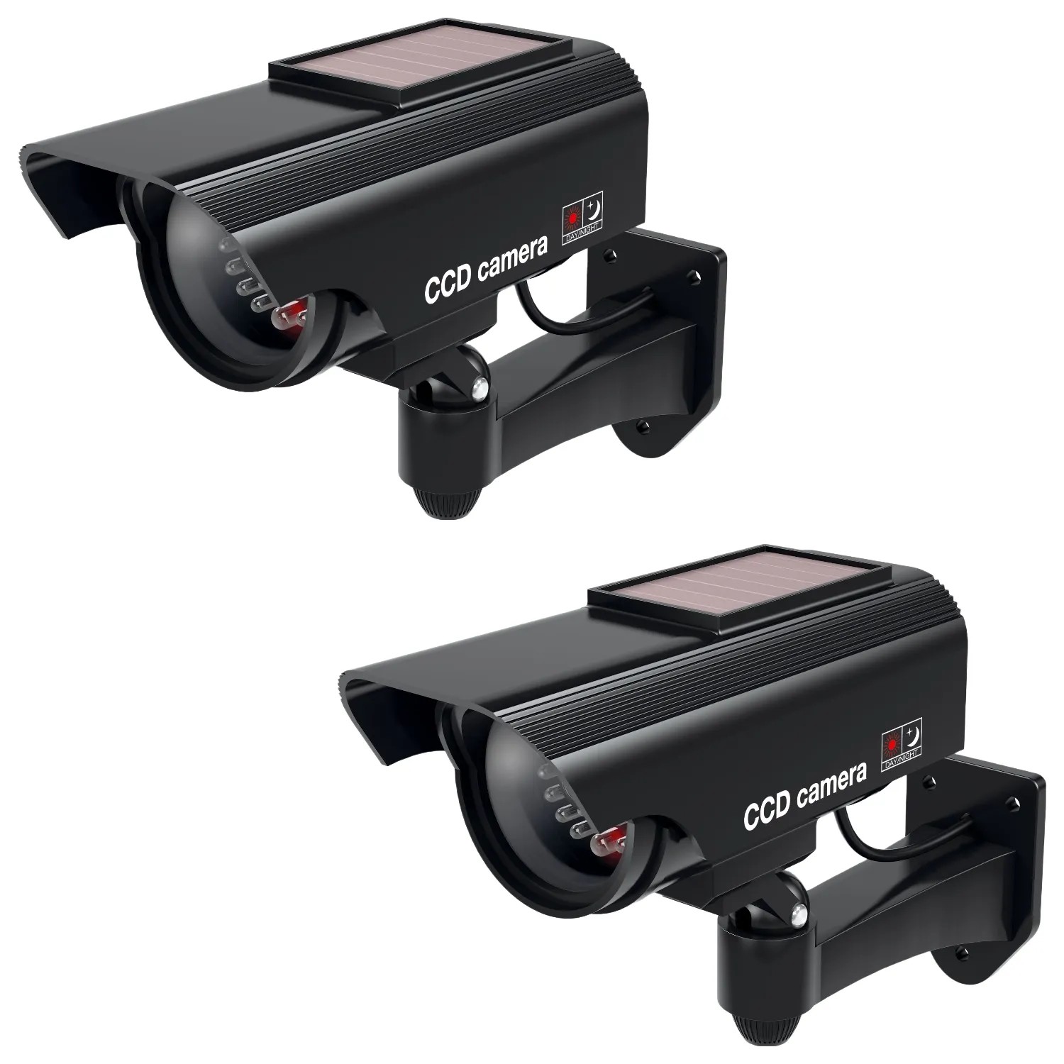 2er-Set schwarze Solar Kamera Attrappen zur Überwachung, mit blinkender LED und Wandhalterung.
