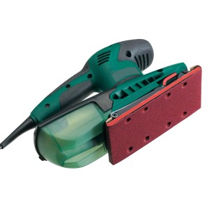 Schwingschleifer mit montiertem LUX Schleifstreifen K100, geeignet für Holz und Metall.