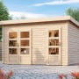 Karibu Holz-Gartenhaus Skanderborg, naturbelassen, mit Flachdach und Doppeltür mit Glaseinsätzen.