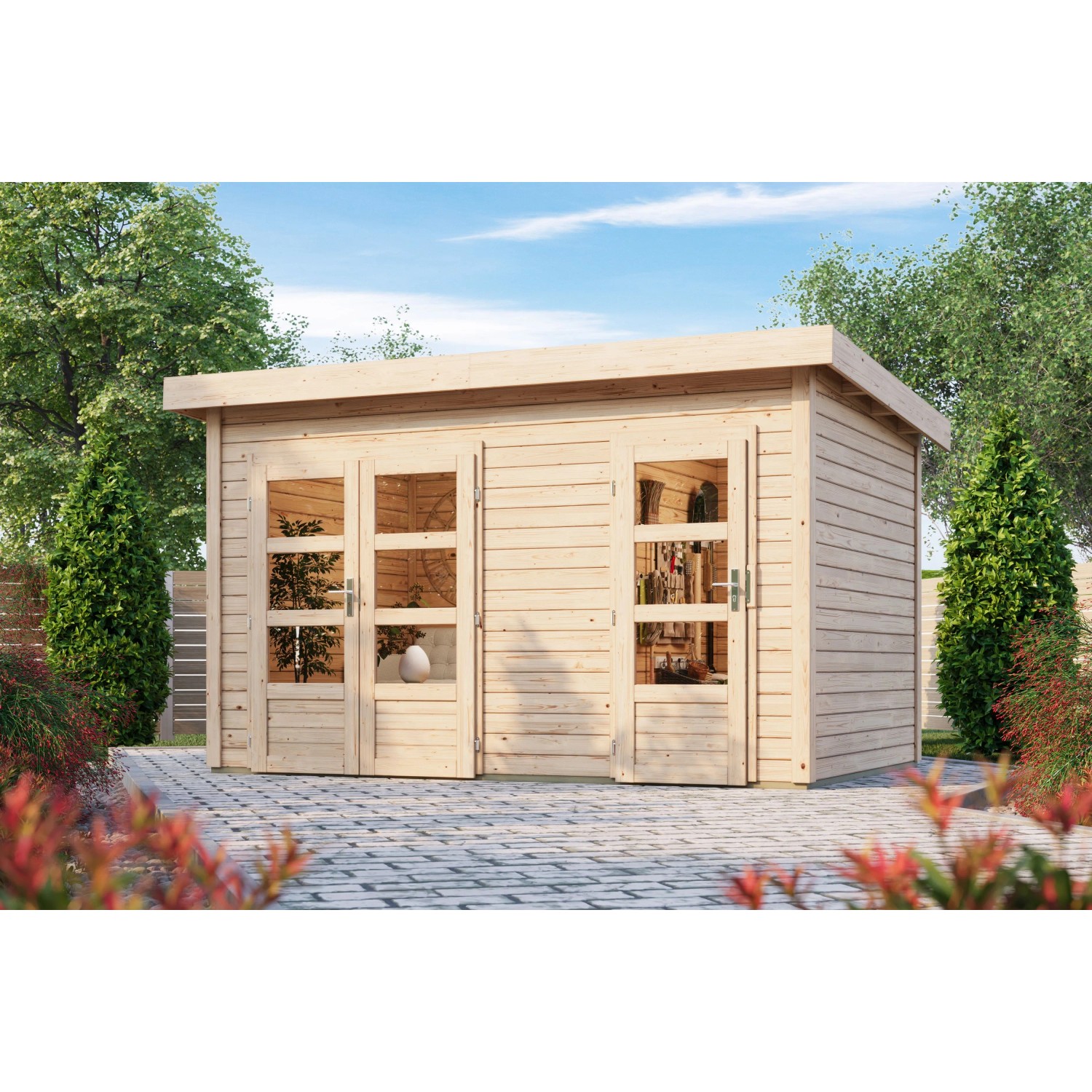 Karibu Holz-Gartenhaus Skanderborg Natur Flachdach Unbehandelt 360 cm x 240 cm