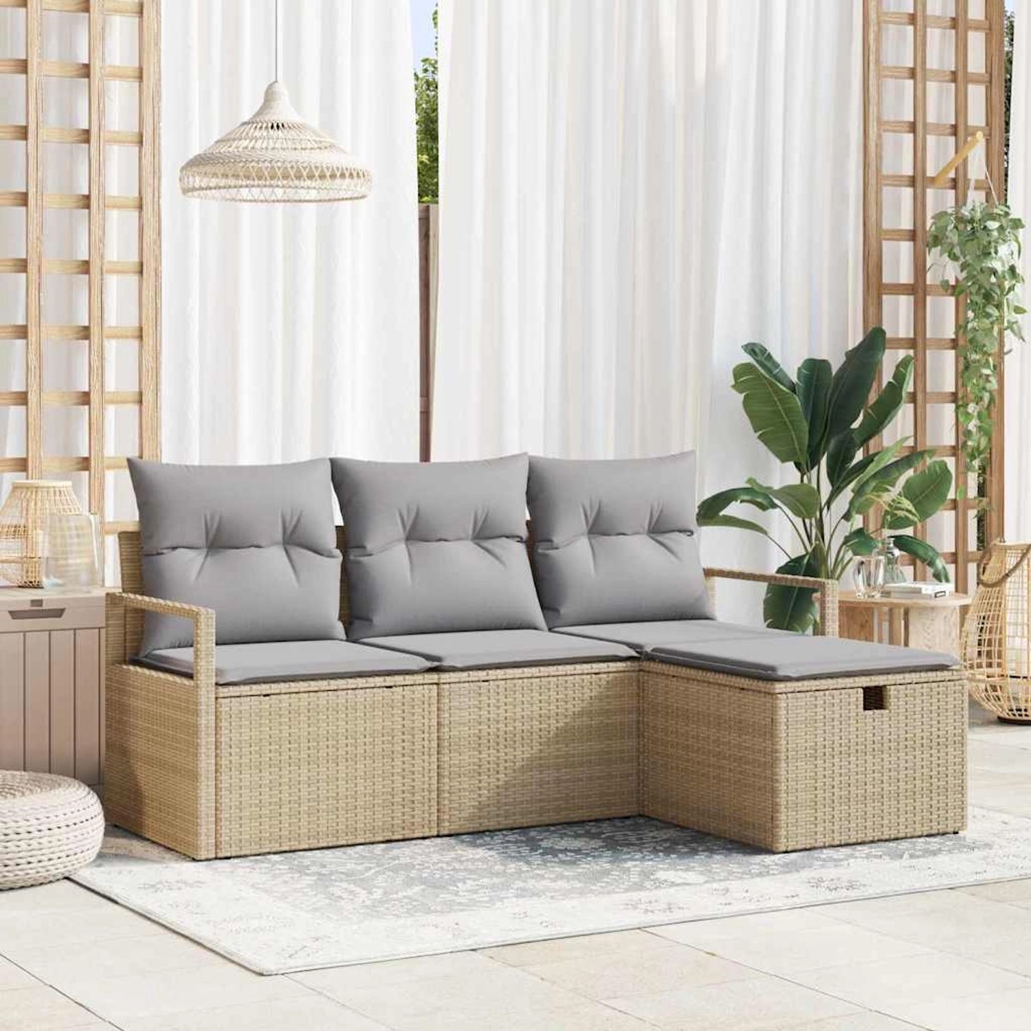 Beiges 4-tlg. vidaXL Garten-Sofa-Set aus Poly Rattan mit Kissen und Stauraum.