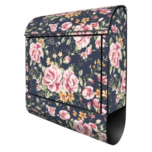 Banjado Design Briefkasten, schwarz pulverbeschichtet mit Rosenmotiv auf Anthrazit und Zeitungsfach.