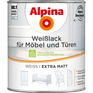 Dose Alpina Weißlack für Möbel & Türen, matt, 750ml. 2in1 Grundierung und Lack, für gesundes Raumklima.