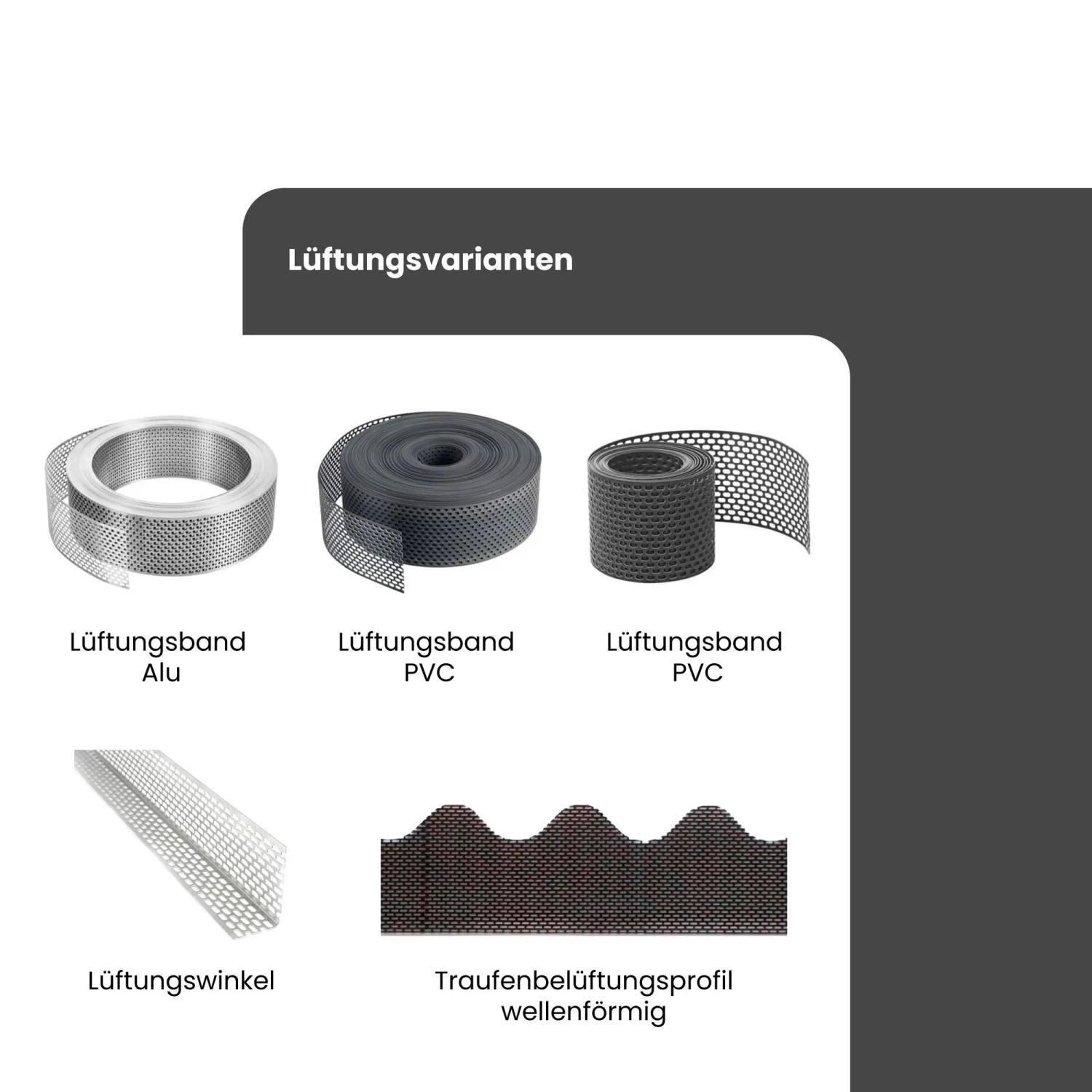 Silberner Alu Lüftungswinkel, Lüftungsbänder & Traufenbelüftungsprofil. Effektive Belüftung für Dach und Fassade.