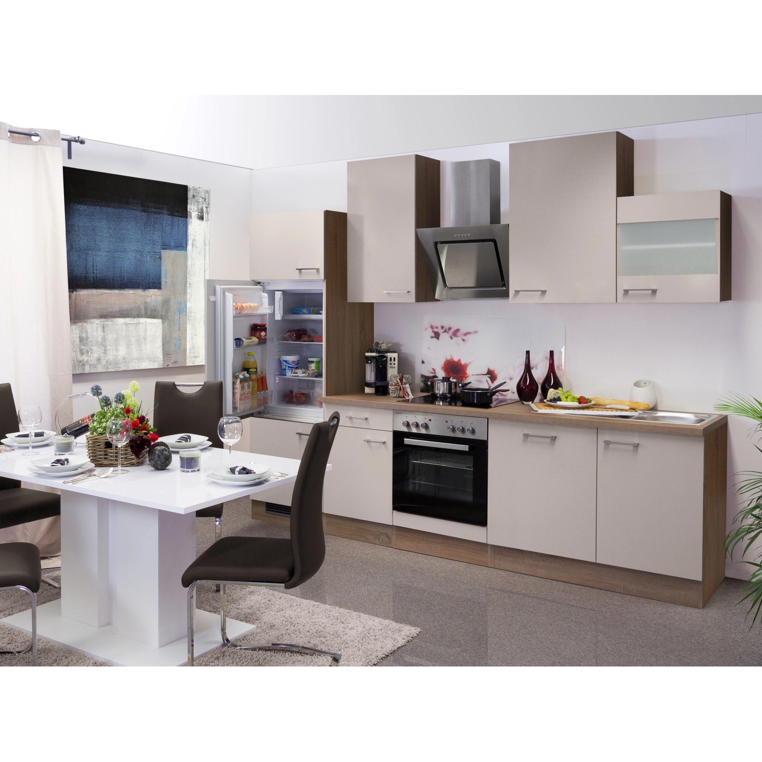 Flex-Well Exclusiv Küchenzeile/Küchenblock Orlando 280 cm Kaschmir Glanz-Sonoma Eiche