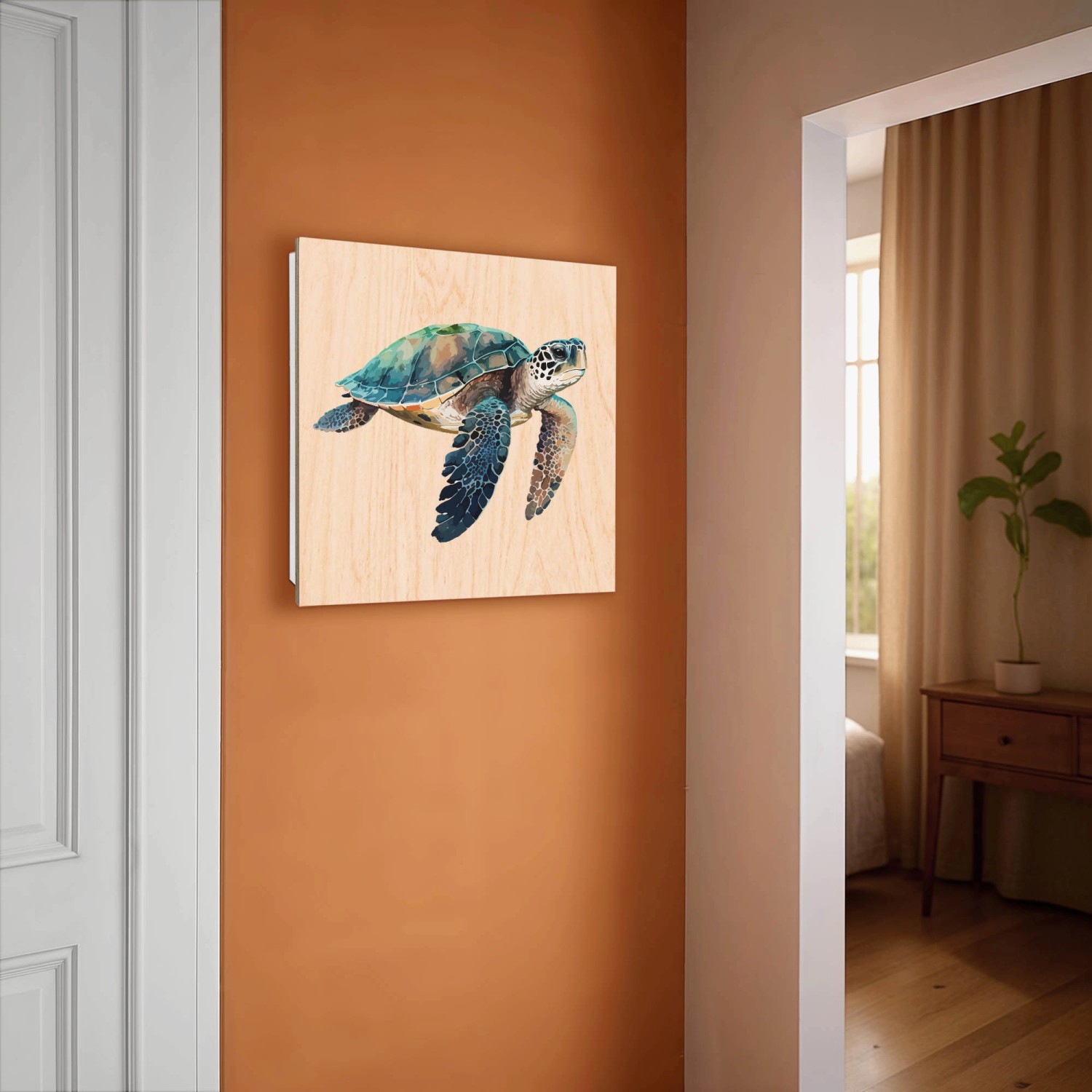 Weißer Schlüsselkasten mit Holzfront und Meeresschildkröten-Motiv, 50 Haken für Garderobe.