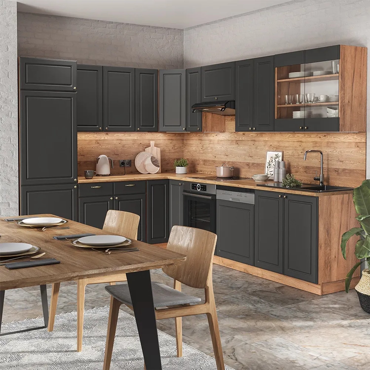 Vicco Fame-Line Eckküche in Anthrazit/Eiche Optik, L-Form mit Esstisch und Stühlen.