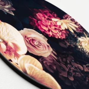 Rundes Glasbild Baroque Flowers II, 20x20 cm, mit Rosen und floralem Muster.
