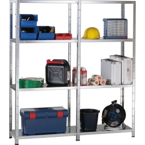 Schulte Steckregal Set, verzinkt, 180x140x50cm, mit Werkzeug und Zubehör befüllt.