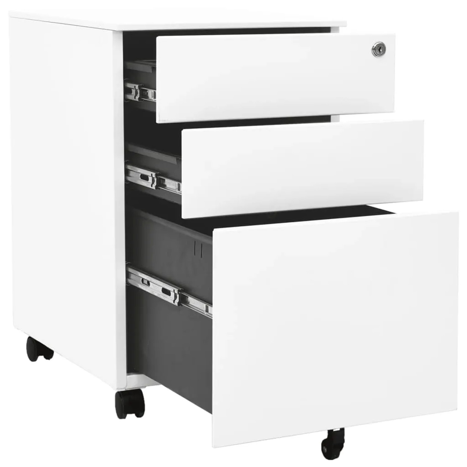 Weißer vidaXL Aktenschrank mit Rollen, drei Schubladen teilweise geöffnet, Büroschrank aus Stahl.