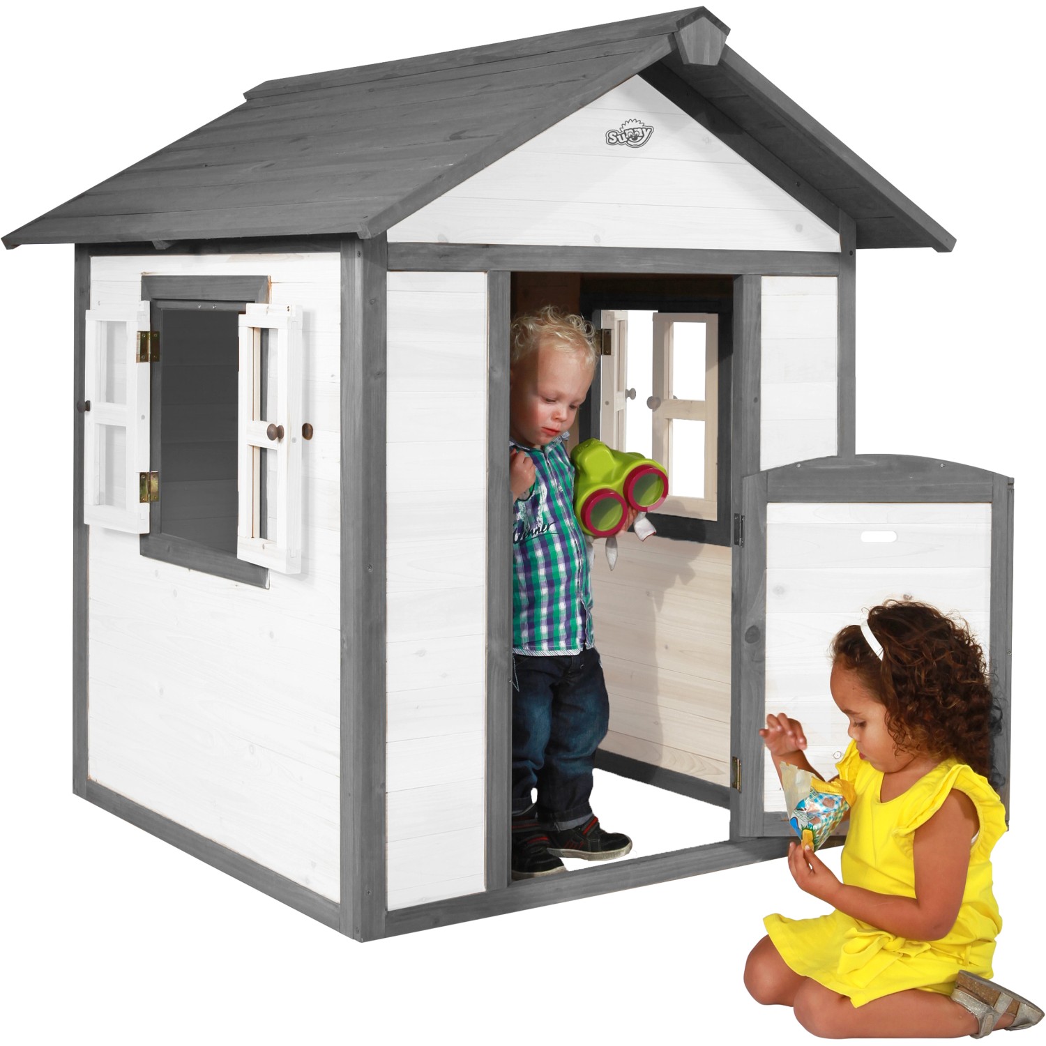 Axi Lodge Spielhaus aus Holz, klassisches Design mit zwei spielenden Kindern.