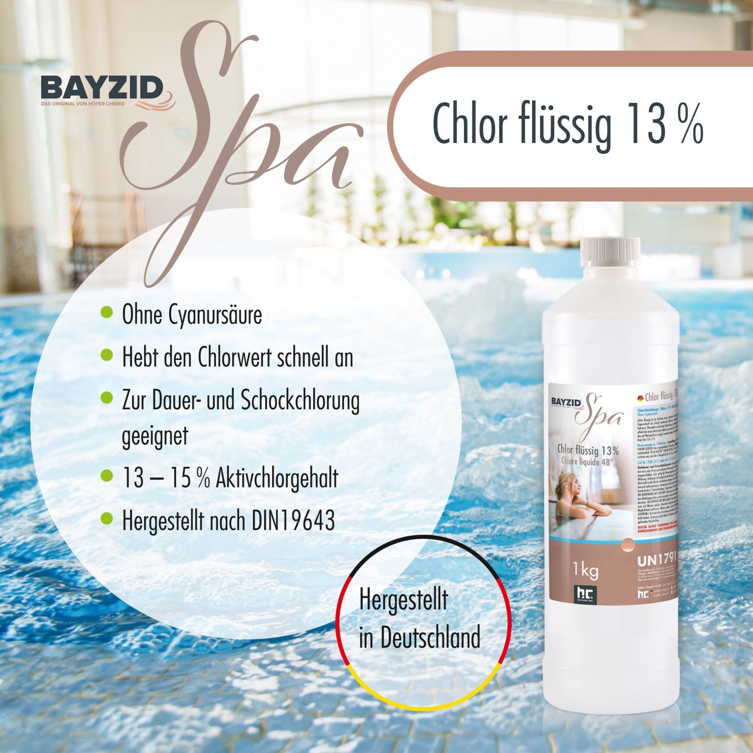 Bayzid Spa Chlor Flüssig 1kg für Whirlpools und Planschbecken zur Pool Desinfektion.