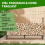 TTL GARDEN Kaminholzregal mit Holzscheiten und Schutzplane vor Holzwand.
