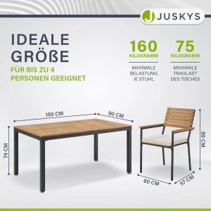 Juskys Akazienholz Gartengarnitur Rhodos, 5-teilig mit Tisch, Stühlen und Maßangaben.