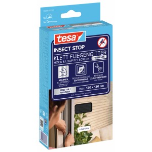 Verpackung des tesa® Insect Stop Klett Fliegengitters Premium in Anthrazit für Fenster.