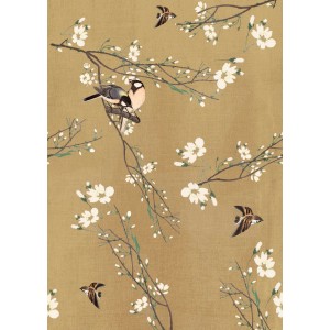 Art for the Home Fototapete Japan mit Blütenzweigen und Vögeln auf beigem Grund.