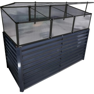 Frühbeetaufsatz 150x70 cm auf Hochbeet, mit Aluminiumrahmen und Polycarbonatplatten.