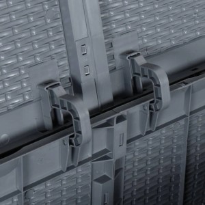 Detailaufnahme der grauen furnicato Gartenbox (270L) mit Rattan-Optik, Fokus auf die Verbindungselemente.