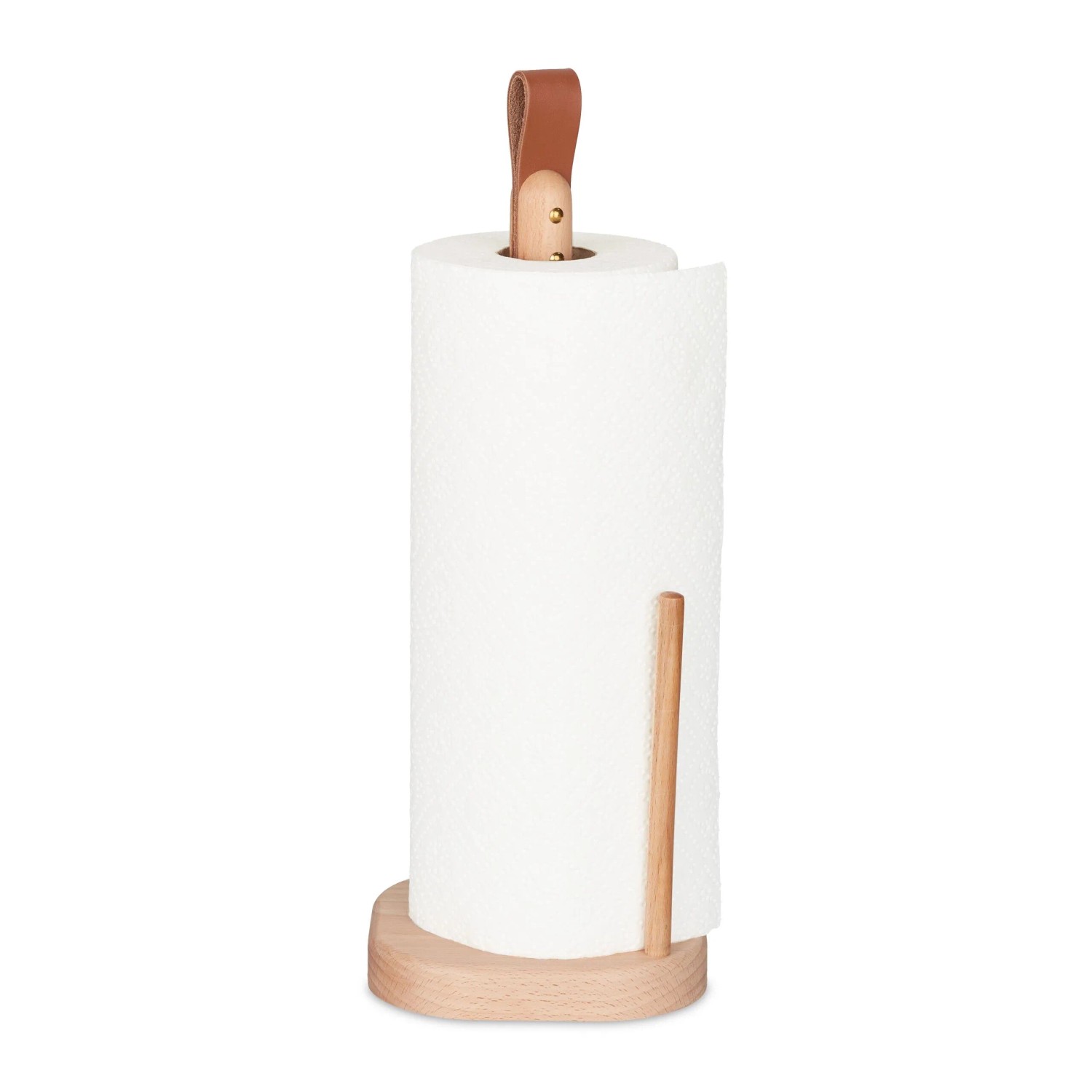 Relaxdays Küchenrollenhalter Buchenholz Leder Natur Braun Freistehend Abrollstopp 35 cm x 13 cm x 13 cm 350 g