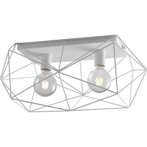 Weiße Luce Design Deckenleuchte Abraxas mit geometrischem Drahtrahmen und zwei Leuchtmitteln.