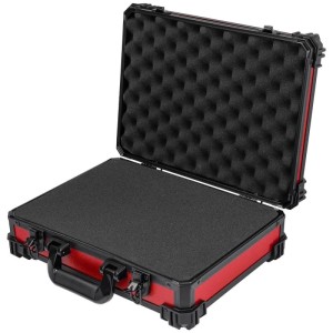 Roter HMF Universalkoffer mit schwarzem Rasterschaumstoff geöffnet. Ideal für sichere Aufbewahrung & Transport empfindlicher Geräte.