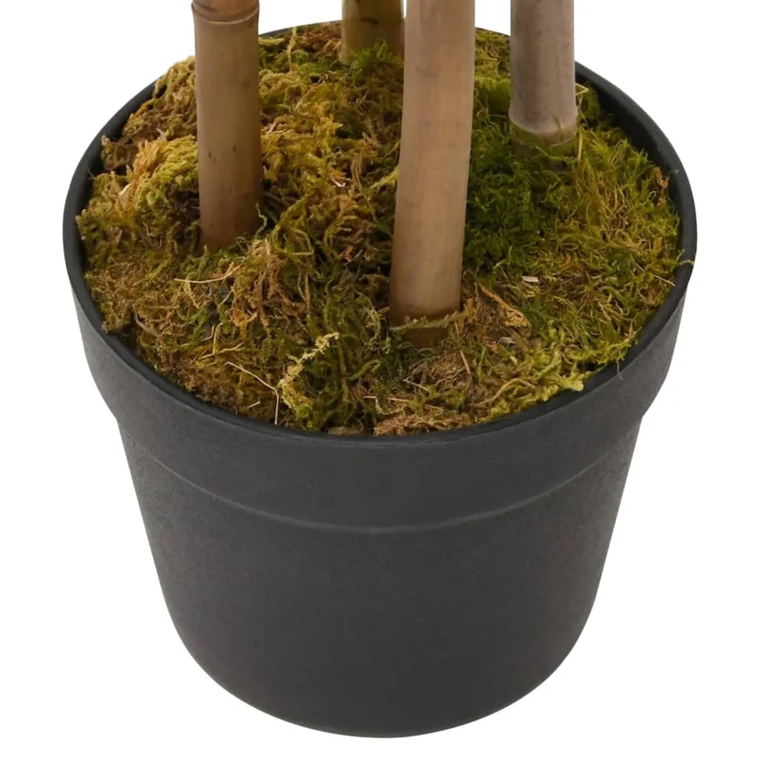 Künstlicher Bambus Twiggy (90 cm) im Topf, Detailansicht der Bambusstämme und der grünen Deko-Erde.