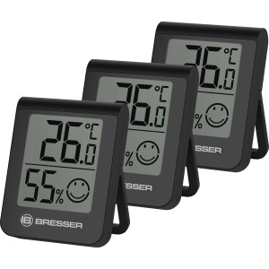 BRESSER HumiTemp 3er-Set, schwarze Thermo- und Hygrometer zur Anzeige von Temperatur und Luftfeuchtigkeit.