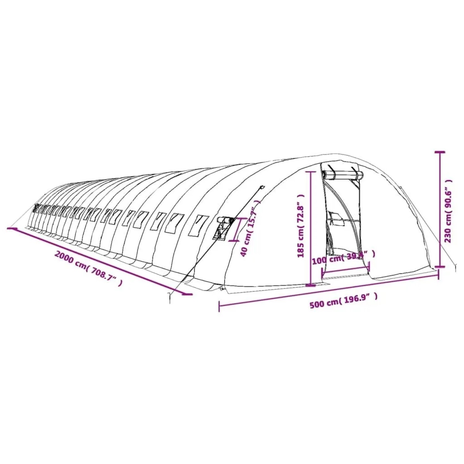 Weißes Gewächshaus mit Stahlrahmen, 20x5x2,3 m. Technische Zeichnung mit Maßen für Garten und Pflanzen.