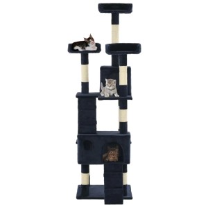 Blauer vidaXL Katzen-Kratzbaum mit Sisal-Säulen, 170 cm hoch, mit mehreren Katzen.