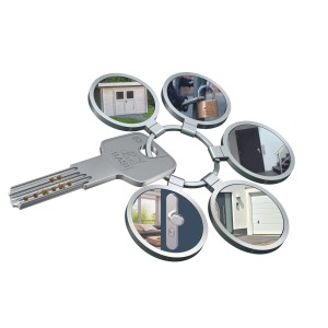 Basi Profilzylinder-Schlüssel mit Anwendungsbeispielen für Haus, Garage und Gartentor.