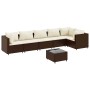 Braunes 7-tlg. Garten-Lounge-Set aus Polyrattan mit Kissen und Tisch.