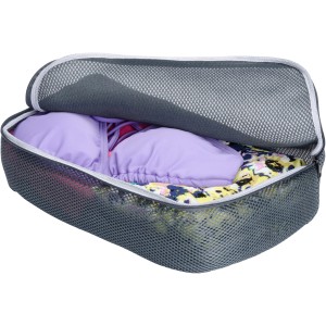 Wenko Reiseorganizer 3er Set, graues Wäschenetz gefüllt mit Kleidung. Textile Aufbewahrung für Koffer.