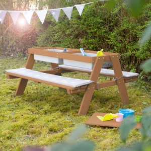 roba Kindersitzgarnitur Outdoor mit Spielwannen, Teakholz-Optik. Wetterfeste Kindersitzgruppe mit Tisch und Bänken.