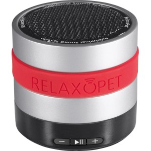 RelaxoPet Entspannungsgerät für Hunde & Katzen, 5V. Silbernes Soundmodul mit rotem Band.