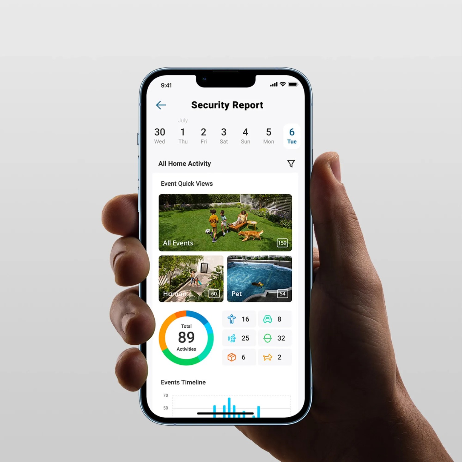 Hand hält Smartphone mit Eufy HomeBase App zur Steuerung der Kameraüberwachung.