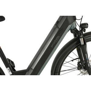 Detailaufnahme: Schwarzes Prophete City E-Bike Geniesser 4.0 mit Mittelmotor und Federgabel.