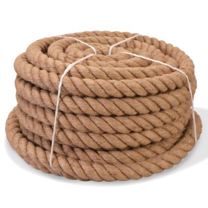 Aufgerolltes Juteseil, 30 mm dick, 50 m lang, in natürlicher Farbe, mit weißer Schnur gebunden.