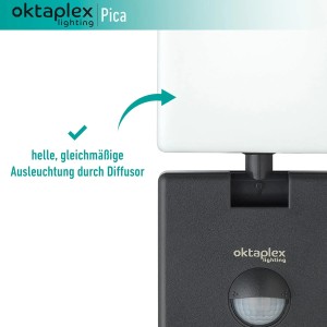 Oktaplex Pica LED Außenwandleuchte mit Bewegungsmelder, warmweiß, IP65.