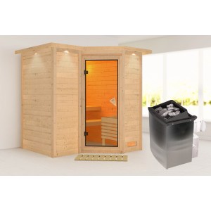 Woodfeeling Sauna-Set Steena 1 mit Ofen und Dachkranz aus naturbelassener Fichte.