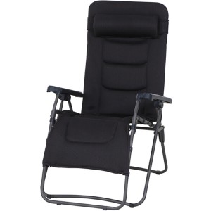 Zusammengeklappte, anthrazitfarbene Relaxliege Sydney von Siena Garden mit Nackenkissen.