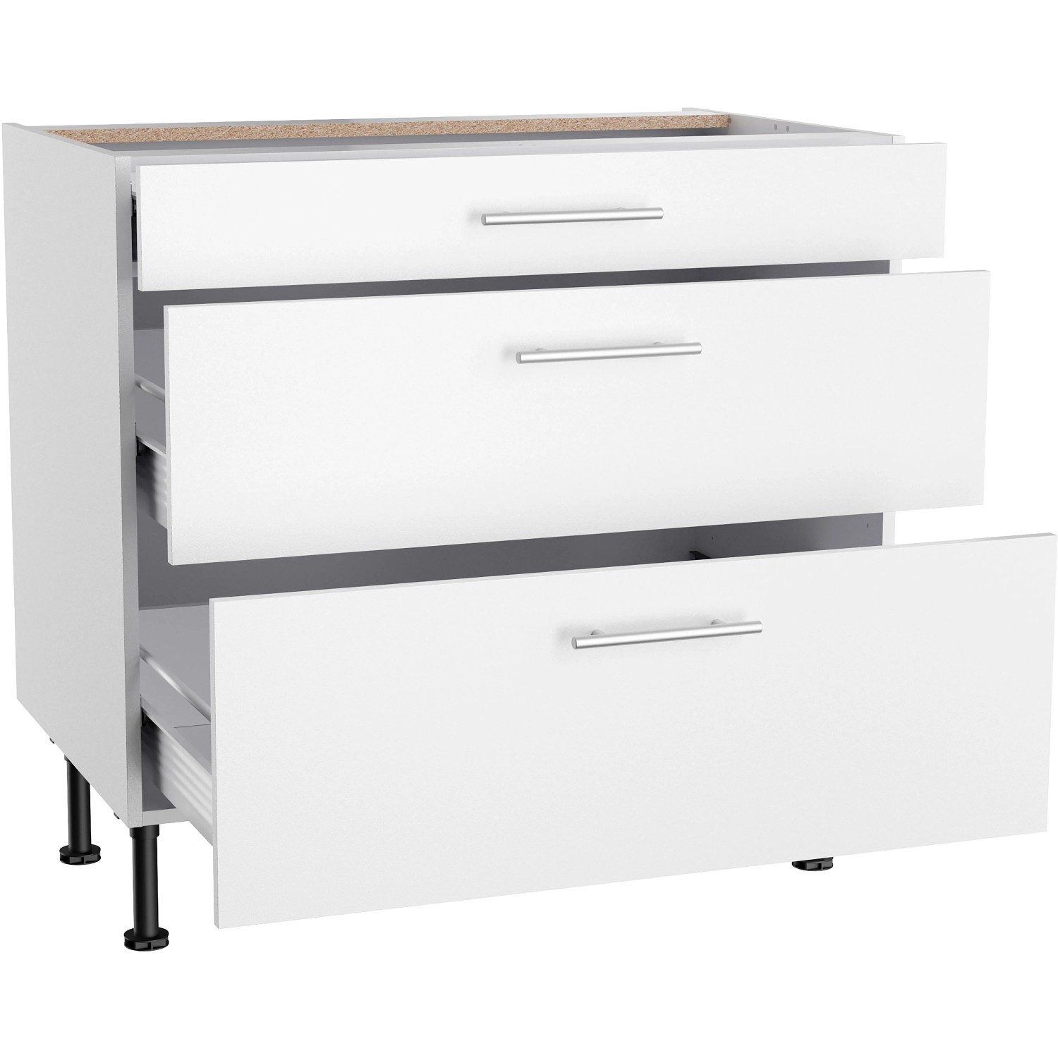 Optifit Unterschrank Bengt932, 90cm breit, mit 3 Auszügen und Edelstahlgriffen in Weiß.
