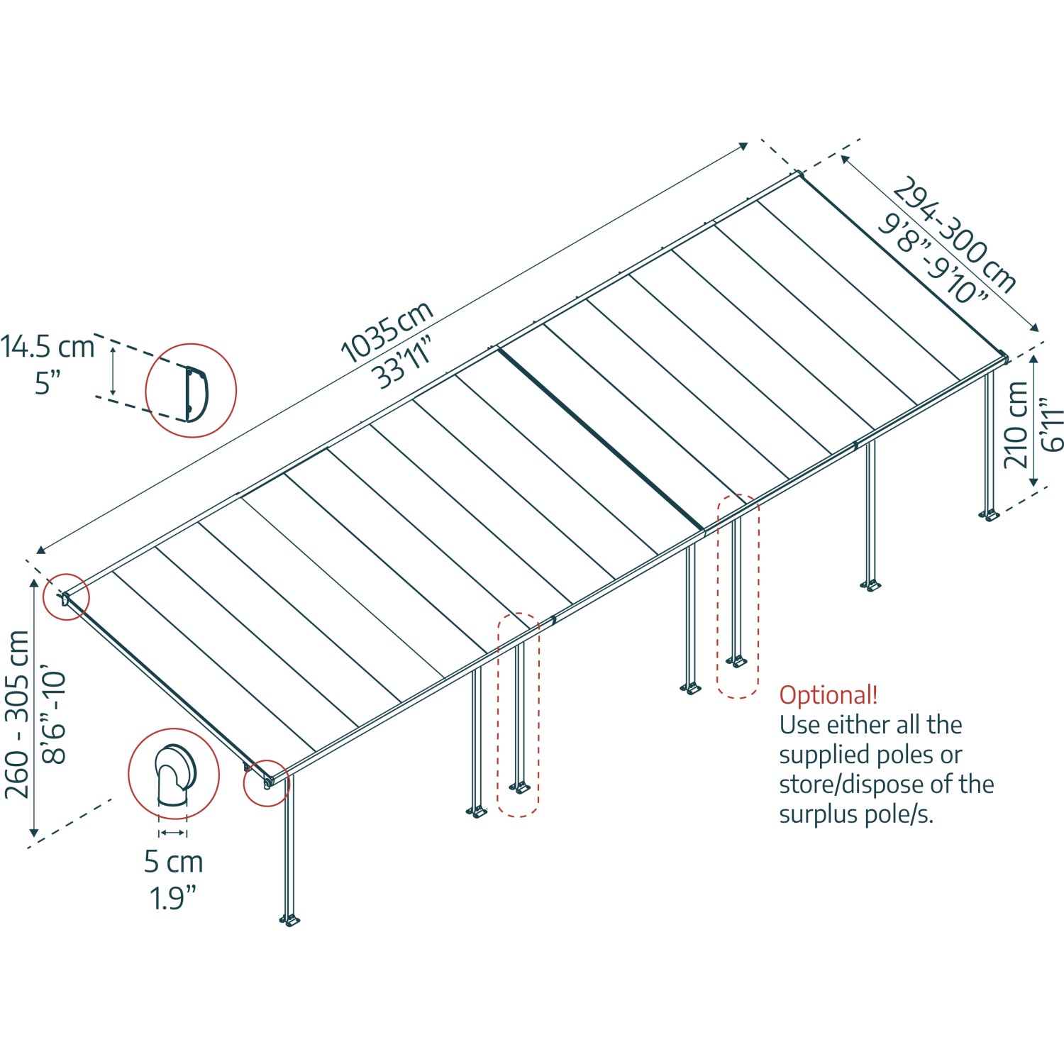 Technische Zeichnung der Palram Feria Terrassenüberdachung in Weiß, mit Maßangaben.