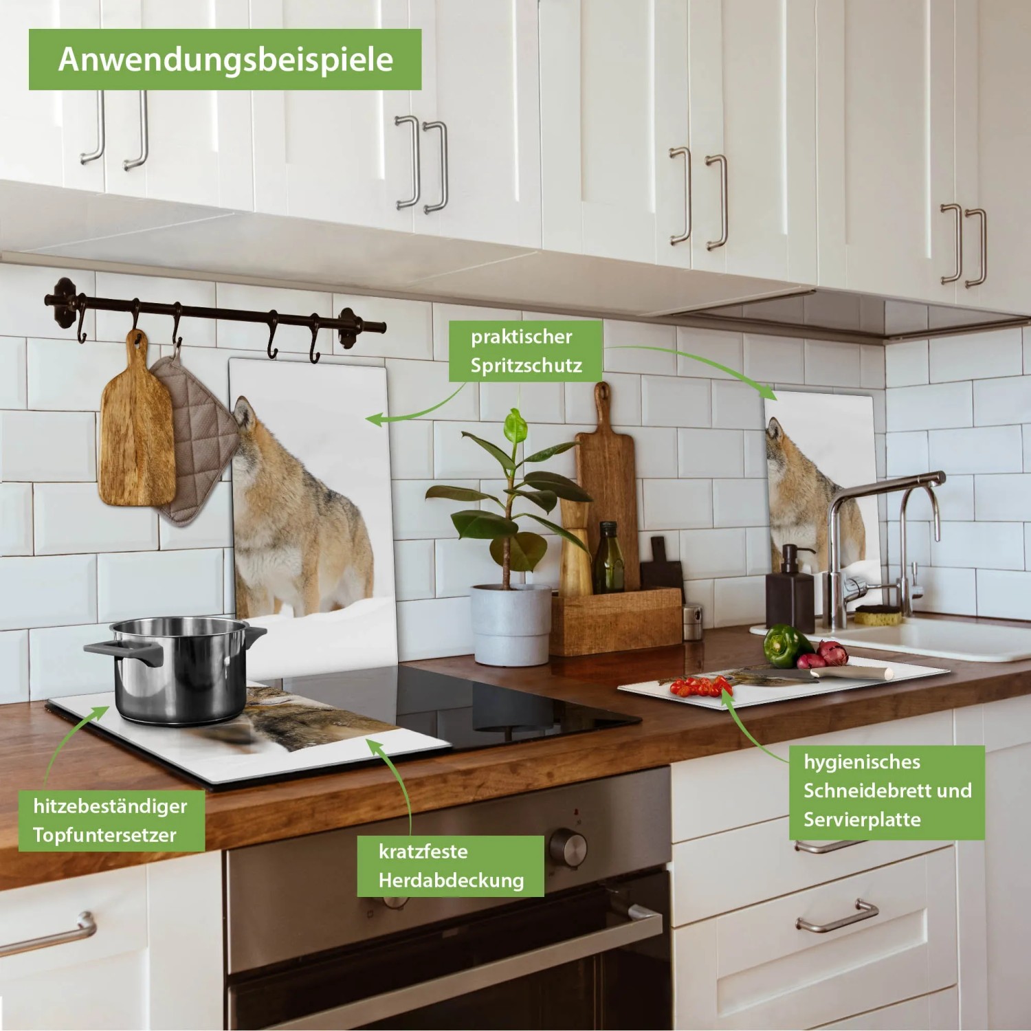 Banjado Herdabdeckplatten aus Glas mit Wolfsmotiv als Schneidebrett und Spritzschutz in Küche.