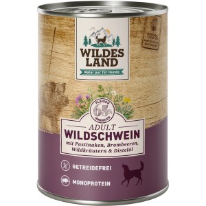 Wildes Land Hunde-Nassfutter Adult Wildschwein, getreidefrei, mit Pastinake und Distelöl, 400g Dose.