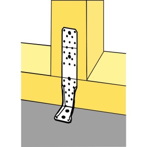 Feuerverzinkter Simpson Zuganker AKR Winkelverbinder aus Stahl, an Holzpfosten und Boden befestigt.