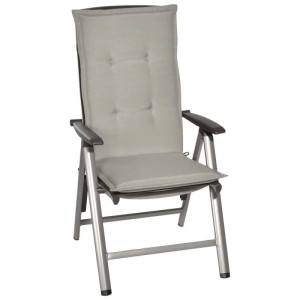 Hellgraue Beautissu Loft HL Hochlehner Auflage 120x50x6cm mit Heftungen auf Gartenstuhl. Komfortables Sitzkissen.
