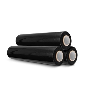 Drei Rollen schwarze DeTec. Stretchfolie (300m) für Paletten und Verpackung.