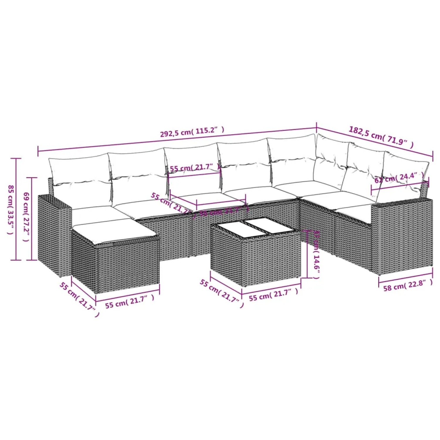 Beige 9-teilige Garten-Sofagarnitur aus Polyrattan mit Kissen. Gartenmöbel für Terrasse und Garten.